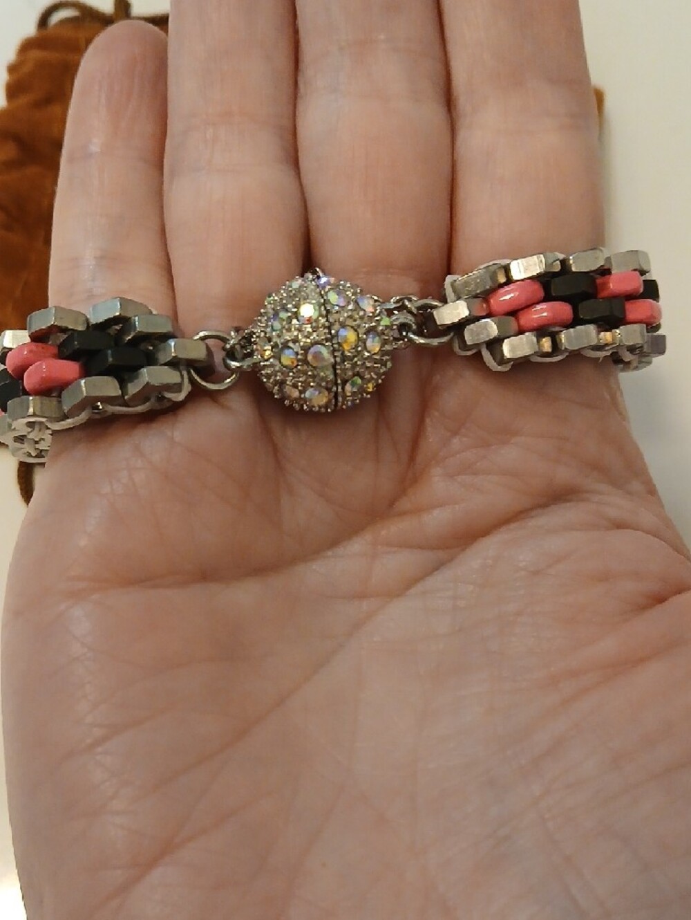 Pink and Black Beaded Link Bracelet with Silver-Tone Accents - Picture 2 of 6